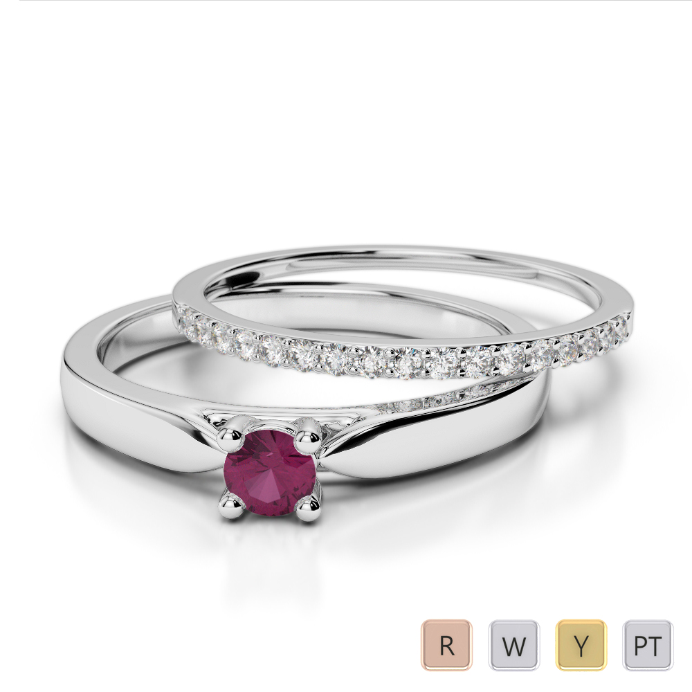 Gold / Platinum Round cut Ruby and Diamond Bridal Set Ring AGDR-1055