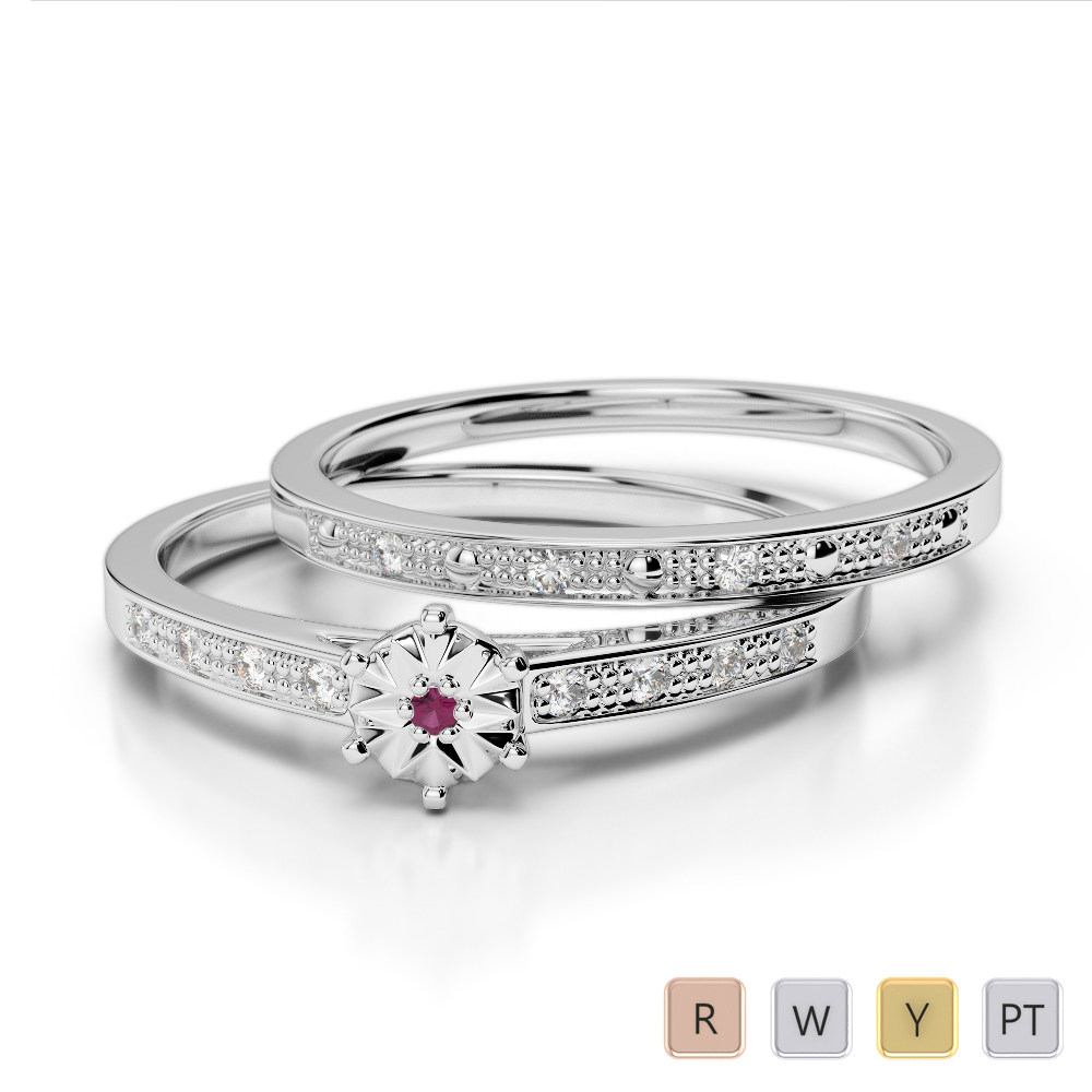 Gold / Platinum Round cut Ruby and Diamond Bridal Set Ring AGDR-1056