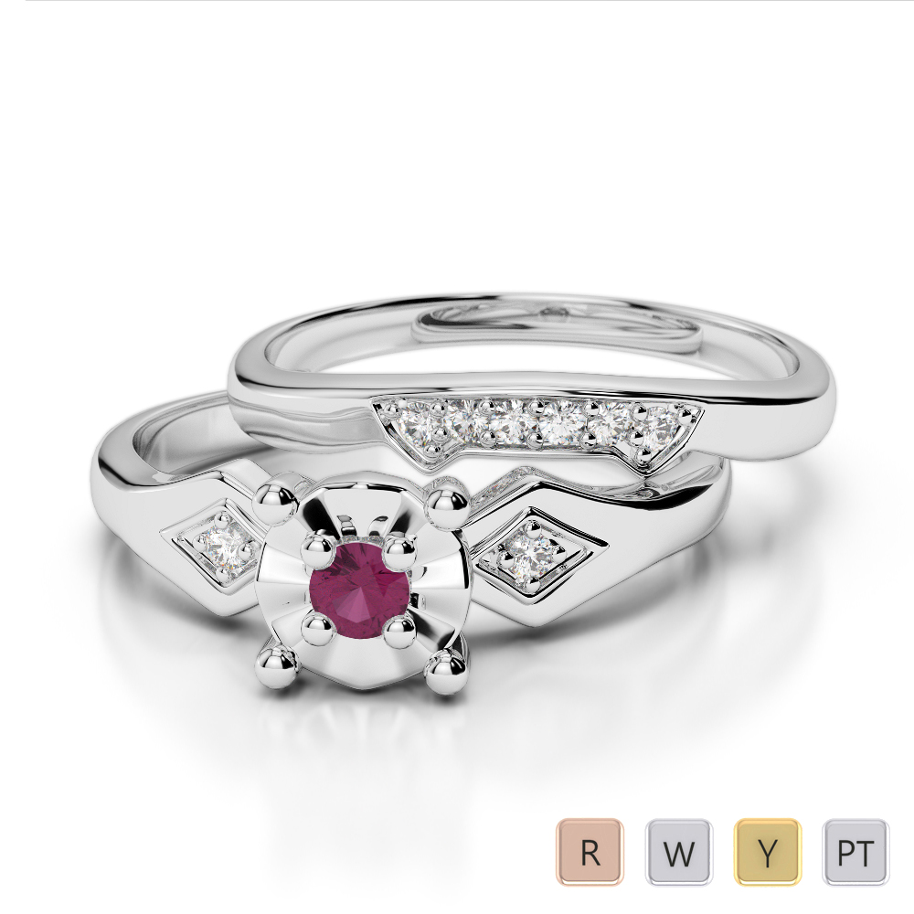 Gold / Platinum Round cut Ruby and Diamond Bridal Set Ring AGDR-1058