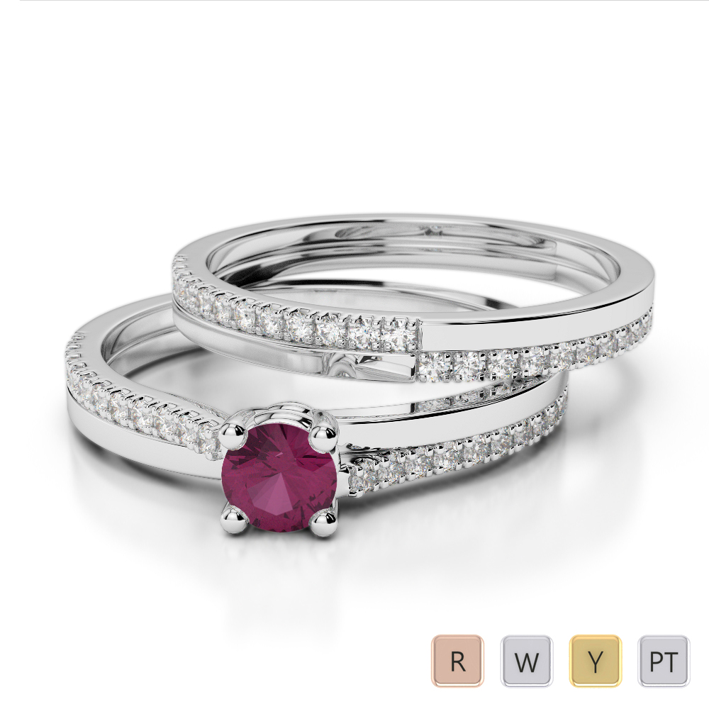 Gold / Platinum Round cut Ruby and Diamond Bridal Set Ring AGDR-1060