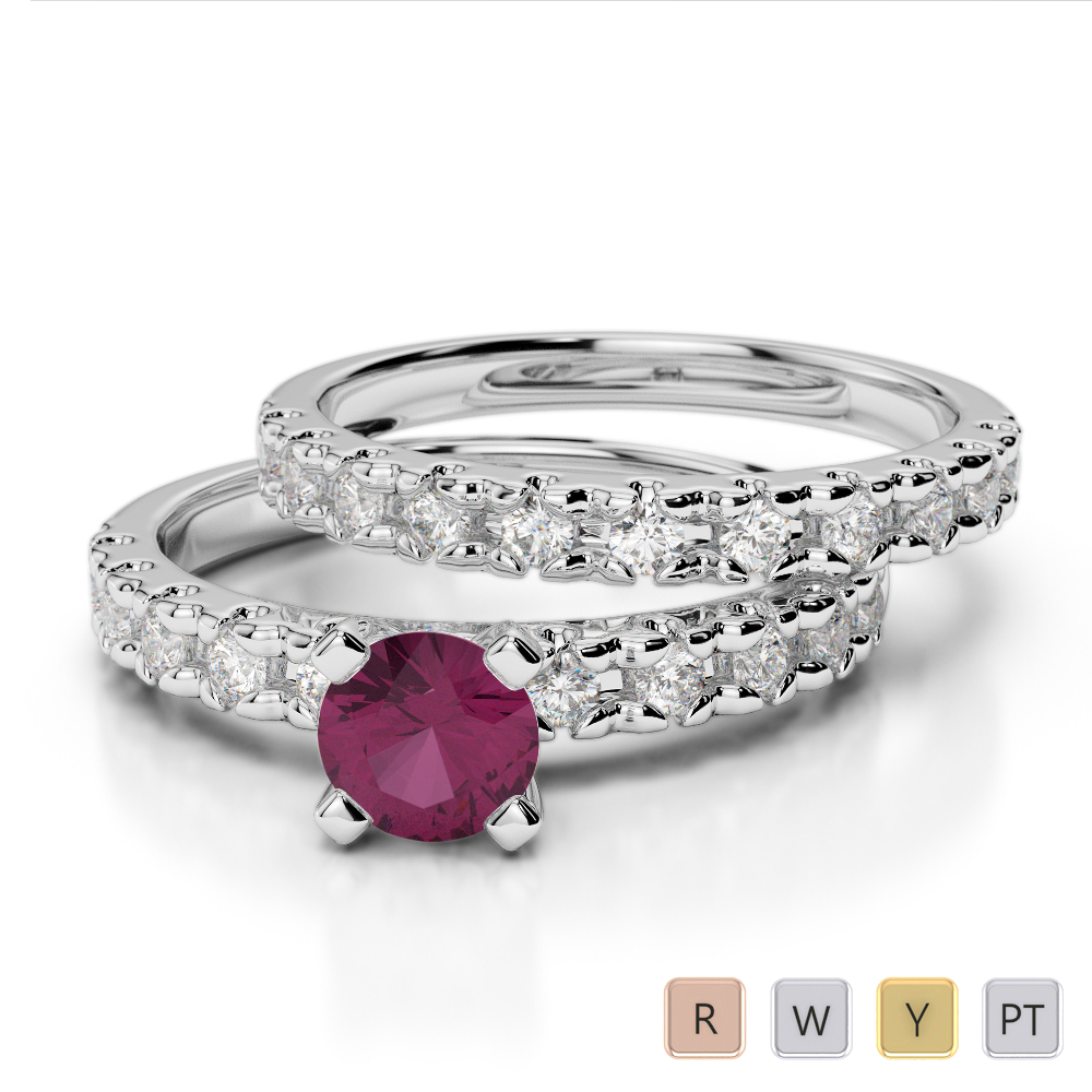 Gold / Platinum Round cut Ruby and Diamond Bridal Set Ring AGDR-1144