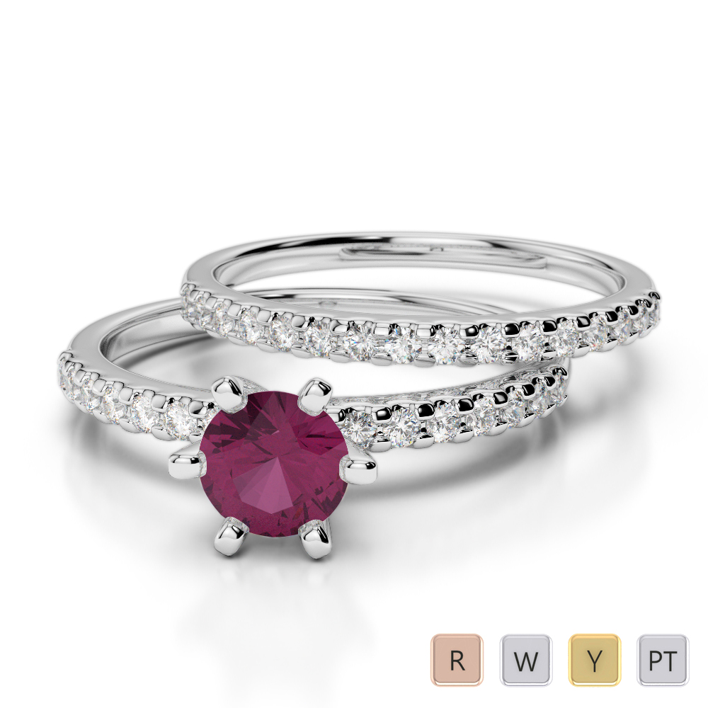 Gold / Platinum Round cut Ruby and Diamond Bridal Set Ring AGDR-1145