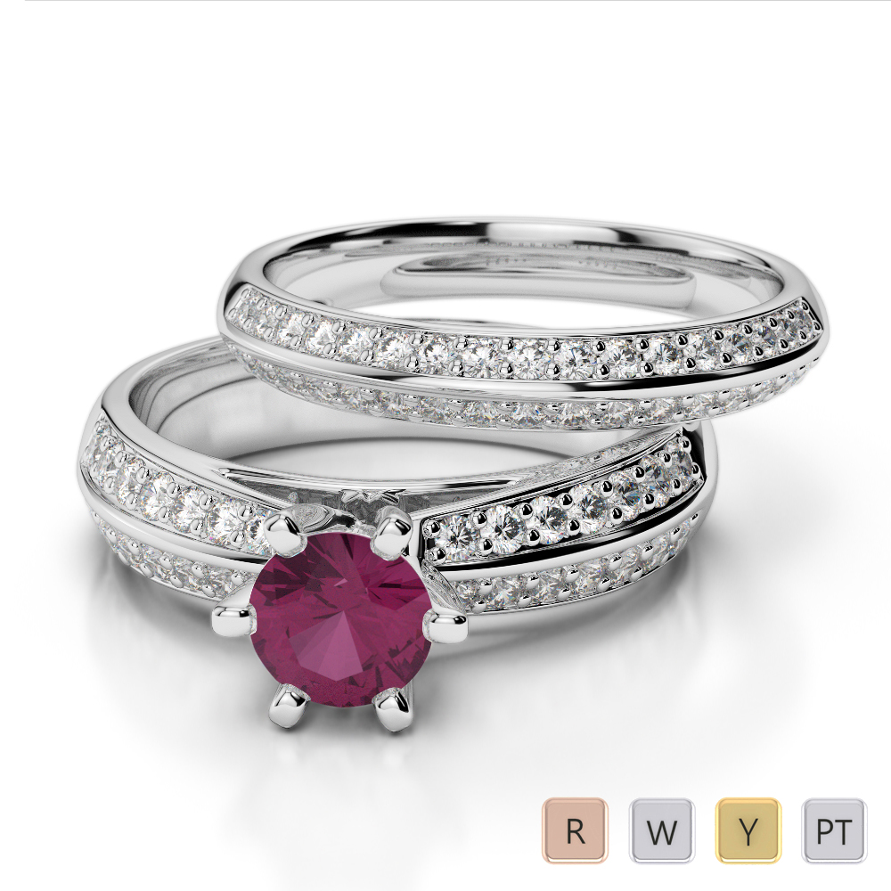 Gold / Platinum Round cut Ruby and Diamond Bridal Set Ring AGDR-1147