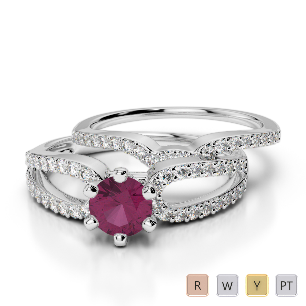Gold / Platinum Round cut Ruby and Diamond Bridal Set Ring AGDR-1148