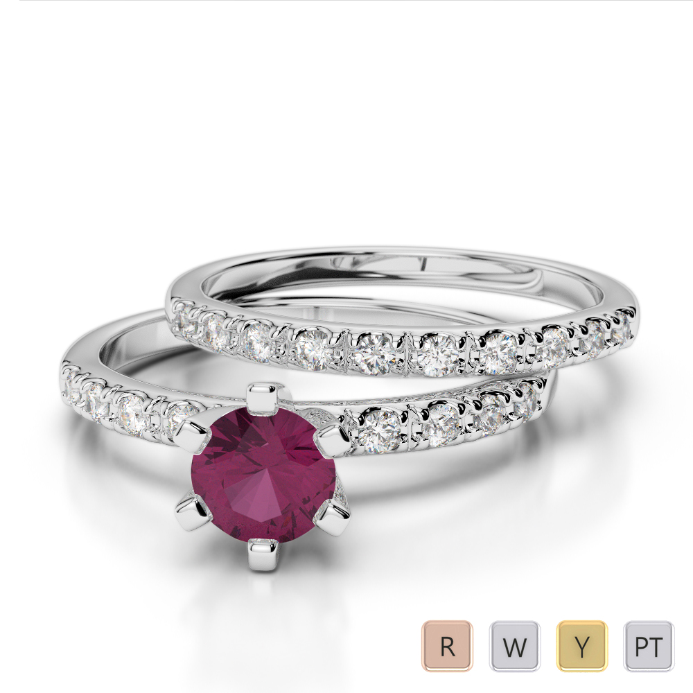 Gold / Platinum Round cut Ruby and Diamond Bridal Set Ring AGDR-1149
