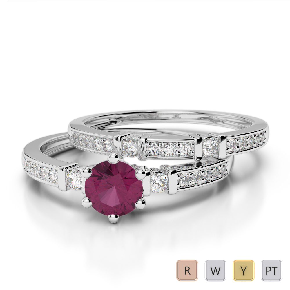 Gold / Platinum Round cut Ruby and Diamond Bridal Set Ring AGDR-1150