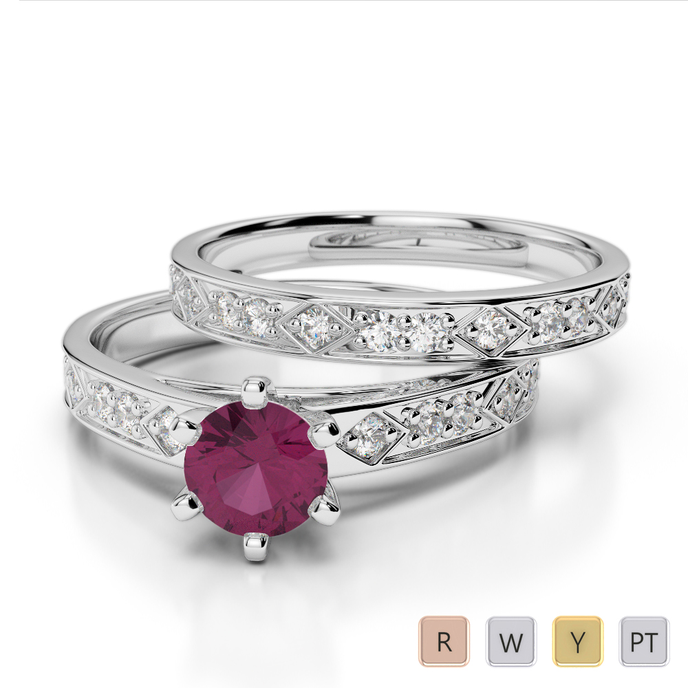Gold / Platinum Round cut Ruby and Diamond Bridal Set Ring AGDR-1151