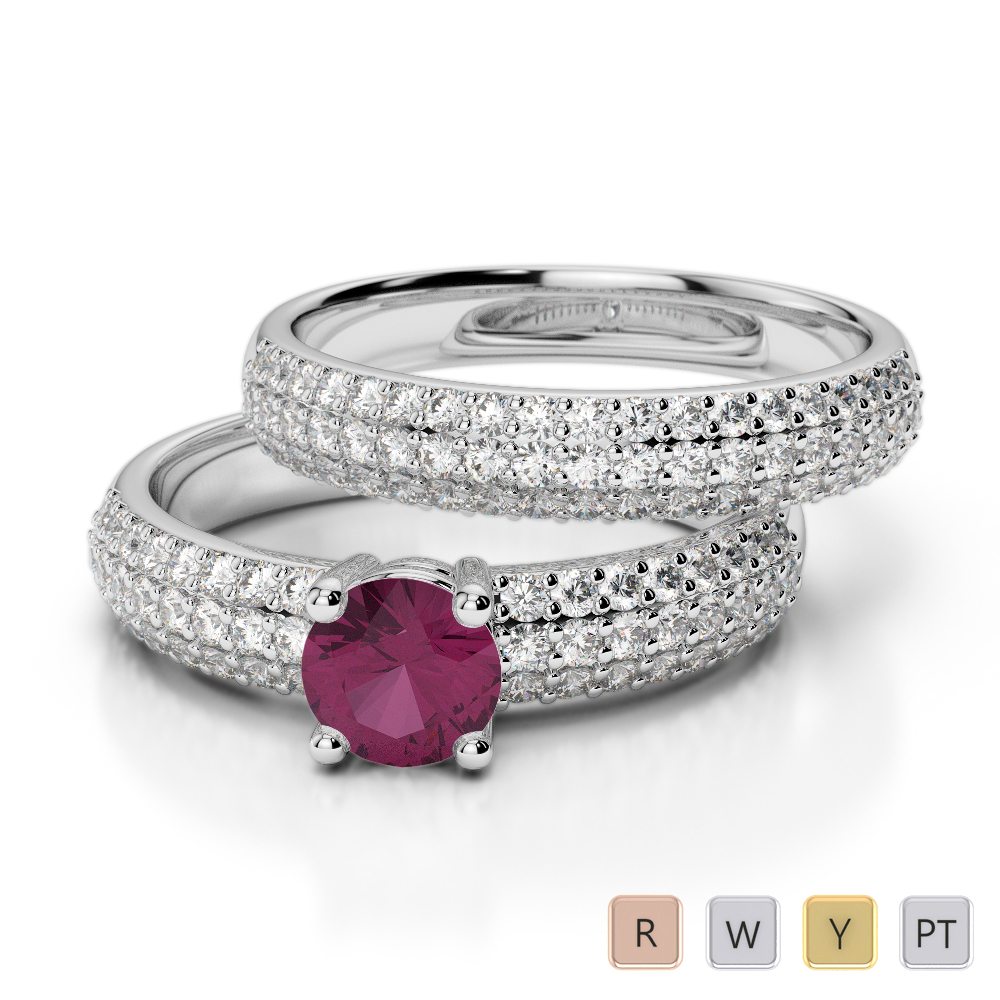 Gold / Platinum Round cut Ruby and Diamond Bridal Set Ring AGDR-1152