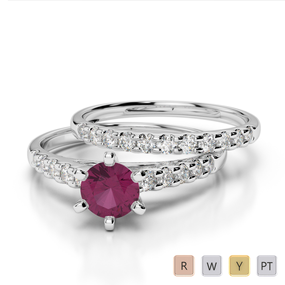 Gold / Platinum Round cut Ruby and Diamond Bridal Set Ring AGDR-1153