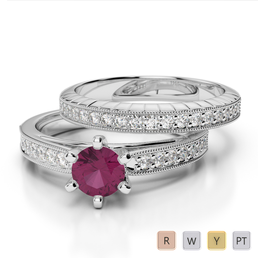 Gold / Platinum Round cut Ruby and Diamond Bridal Set Ring AGDR-1154