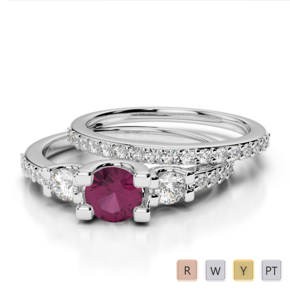 Gold / Platinum Round cut Ruby and Diamond Bridal Set Ring AGDR-1155