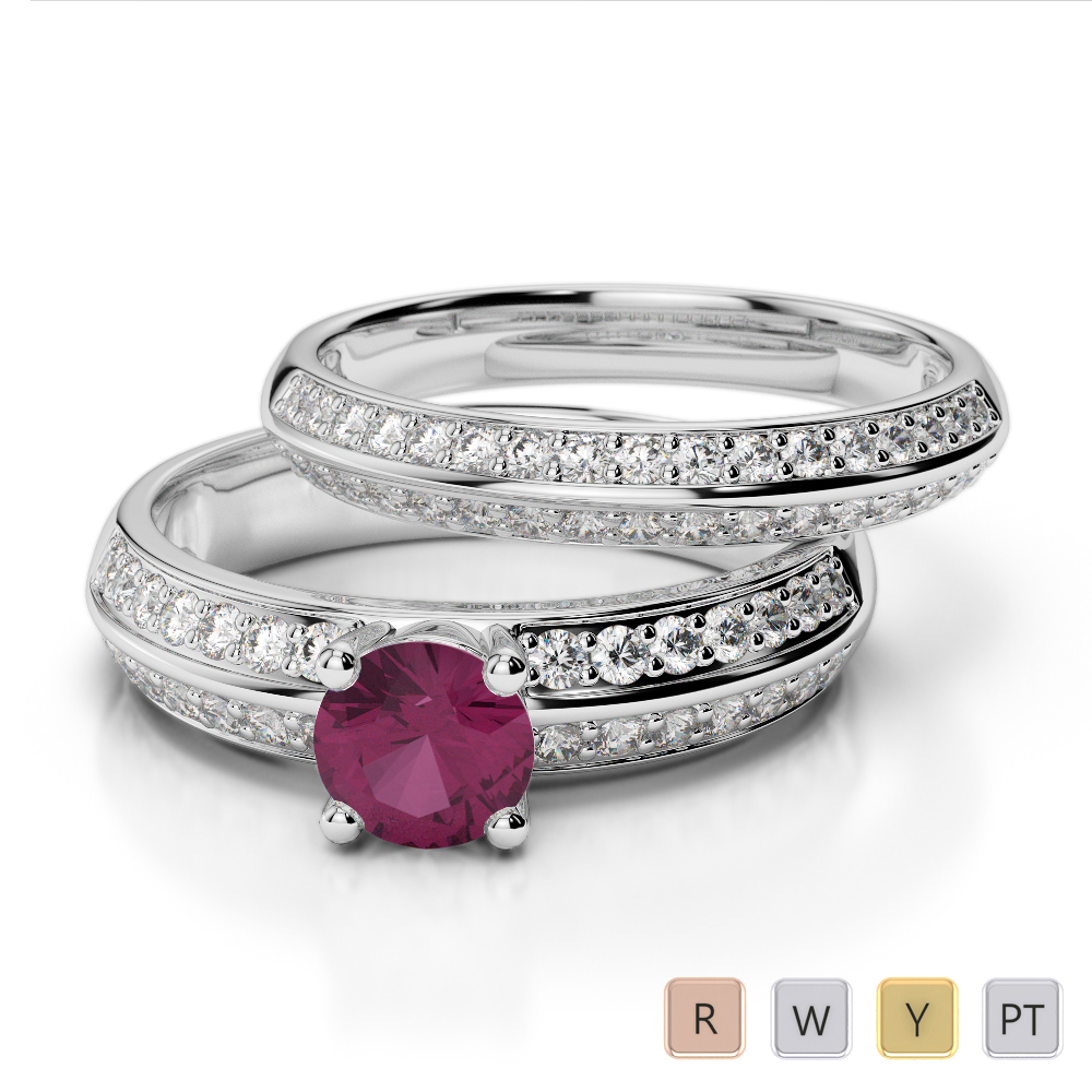 Gold / Platinum Round cut Ruby and Diamond Bridal Set Ring AGDR-1156