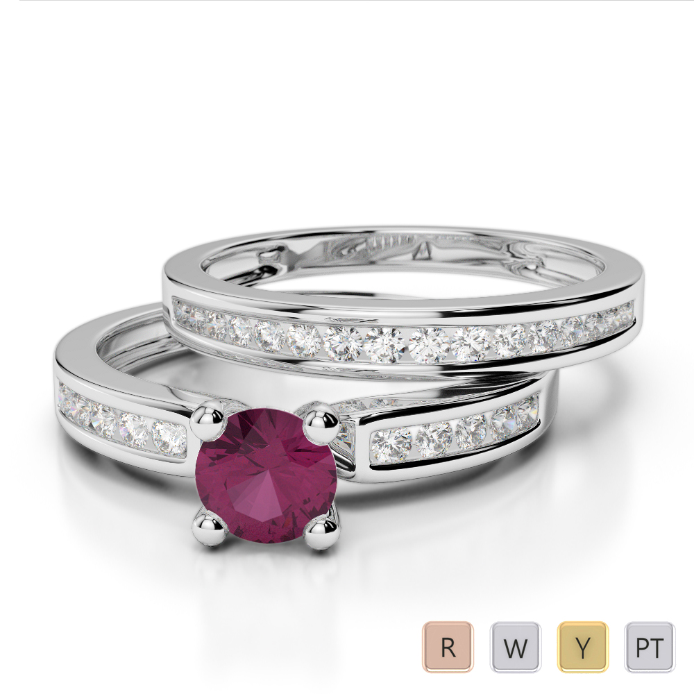 Gold / Platinum Round cut Ruby and Diamond Bridal Set Ring AGDR-1157