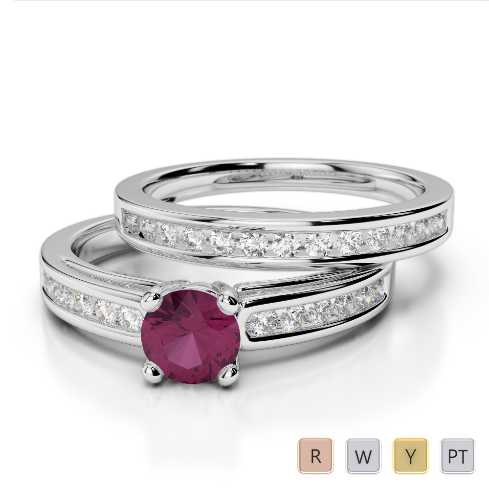 Gold / Platinum Round cut Ruby and Diamond Bridal Set Ring AGDR-1159