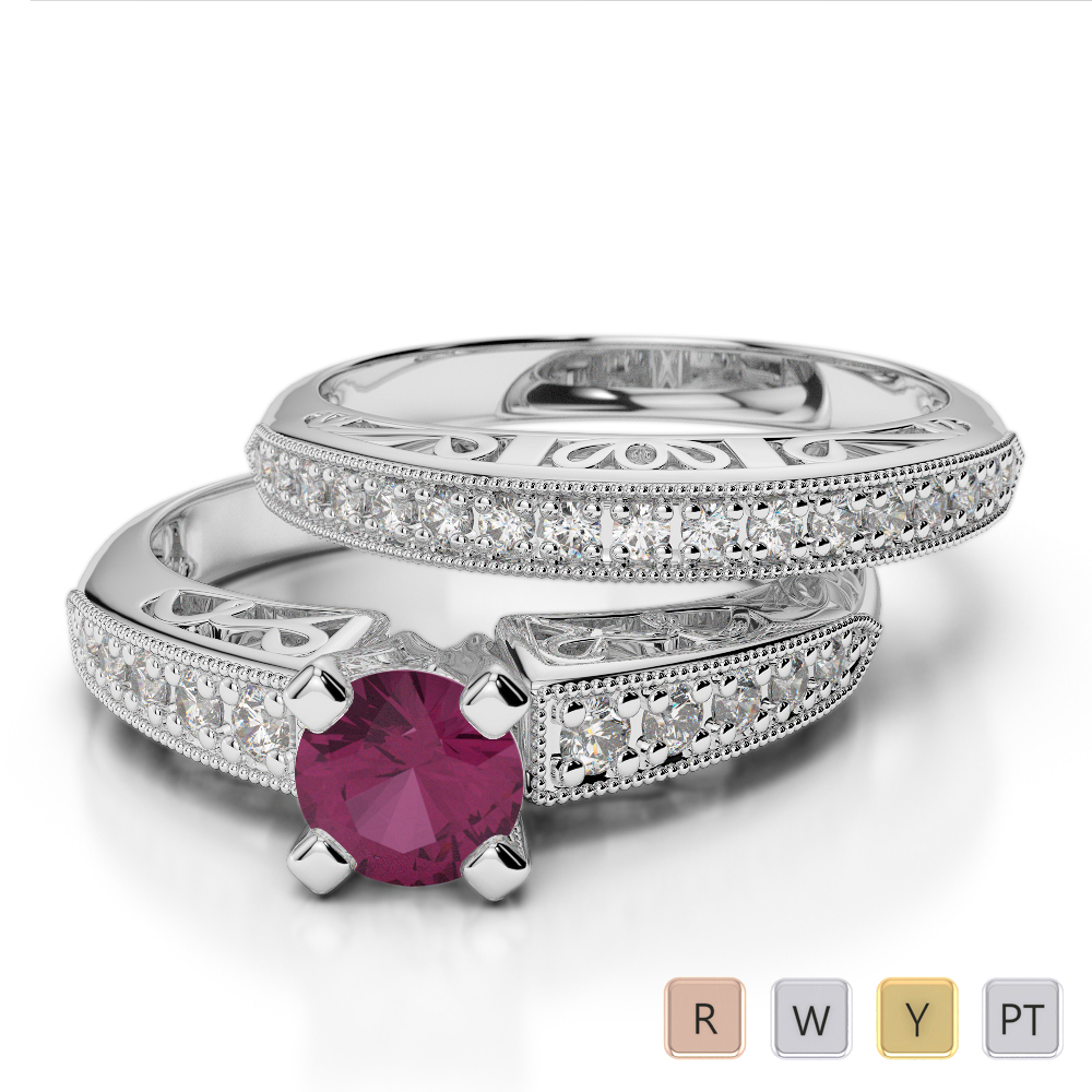 Gold / Platinum Round cut Ruby and Diamond Bridal Set Ring AGDR-1160
