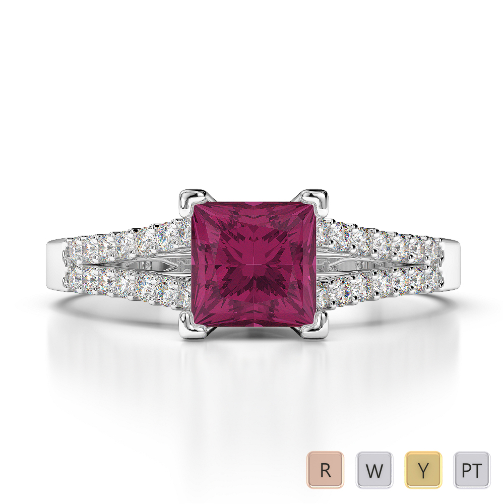 Princess Lab Ruby and Diamond Engagement Ring in Gold / Platinum