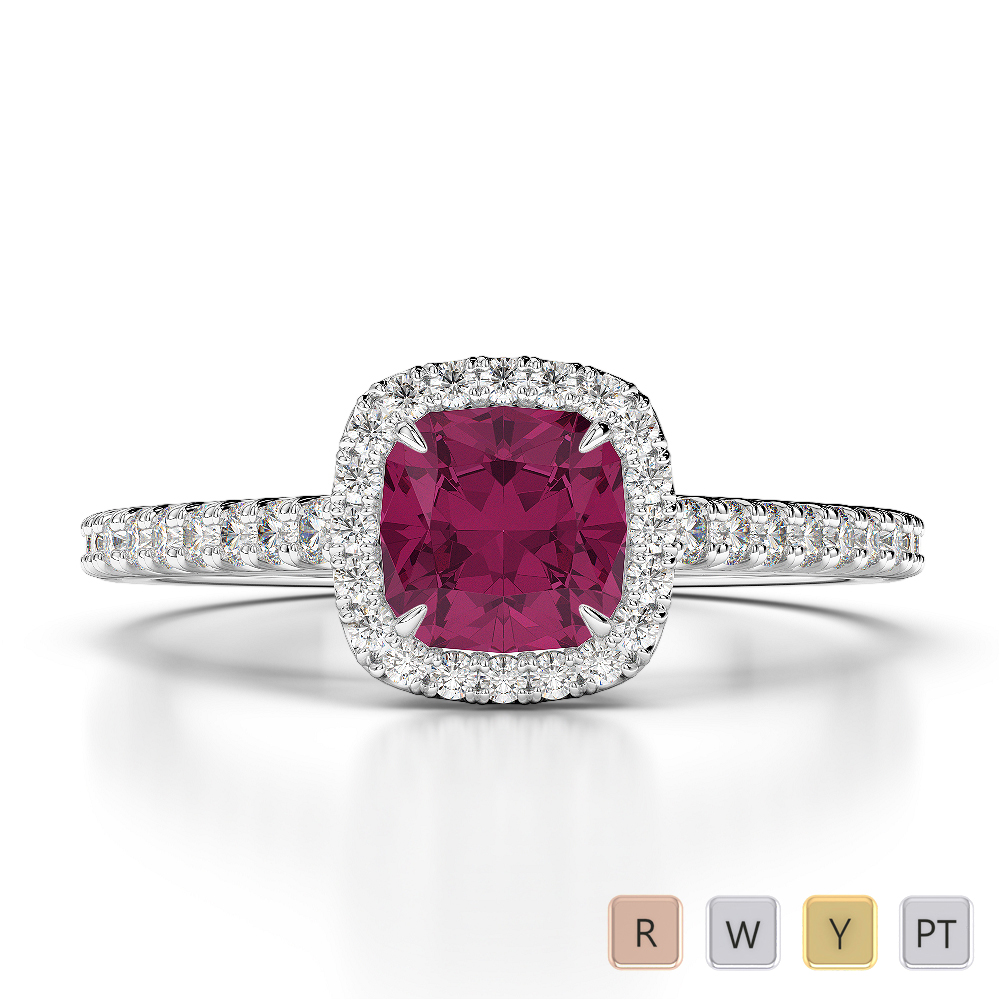 Gold / Platinum Round and Cushion Cut Ruby and Diamond Engagement Ring AGDR-1212