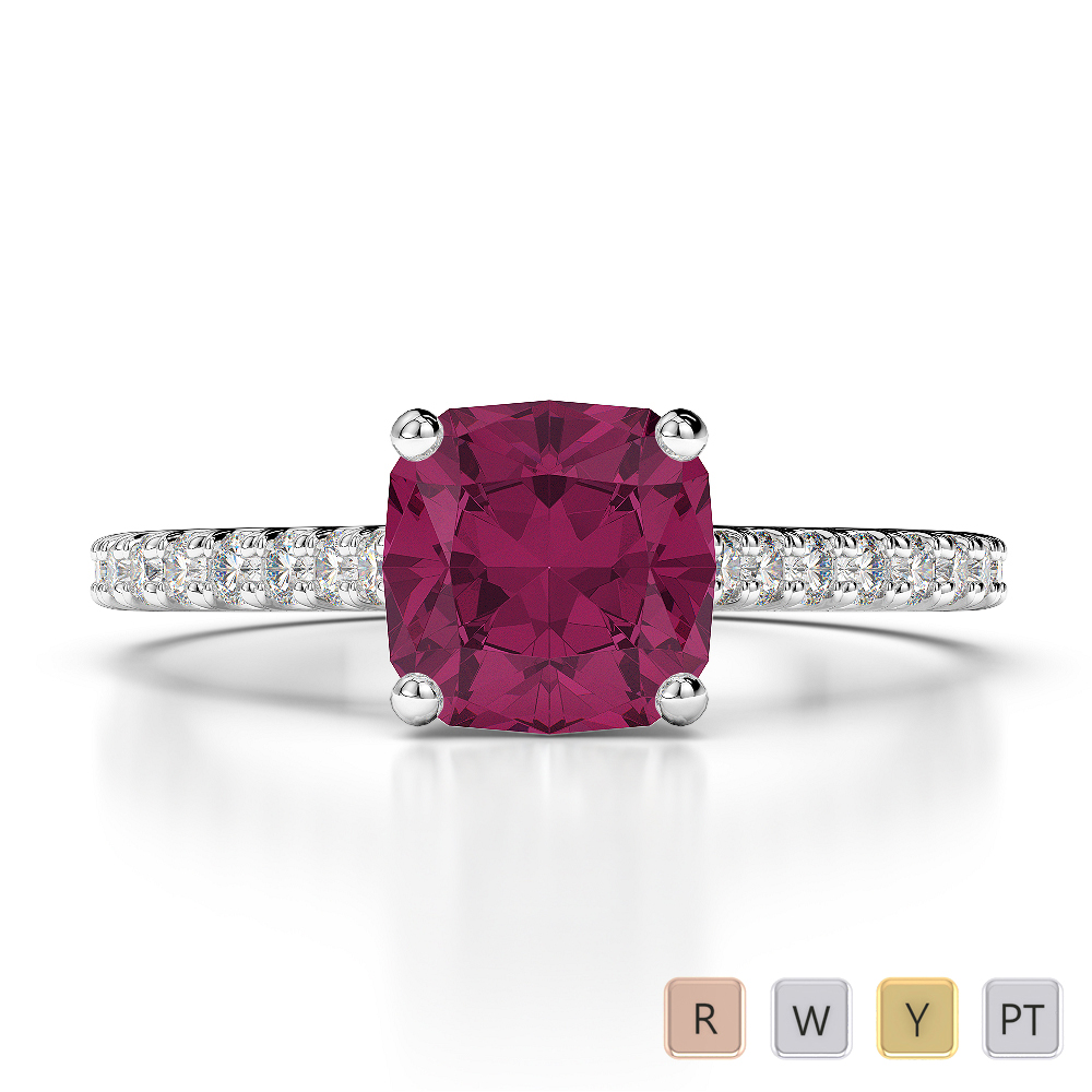 Cushion Lab Ruby and Diamond Engagement Ring in Gold / Platinum