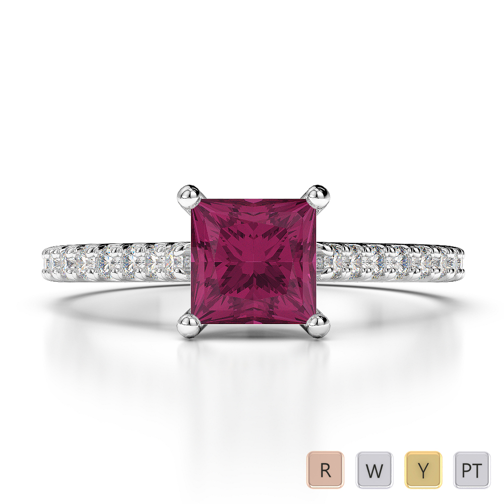 Princess Lab Ruby and Diamond Engagement Ring in Gold / Platinum