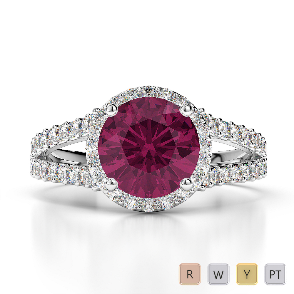Round Lab Ruby and Diamond Engagement Ring in Gold / Platinum