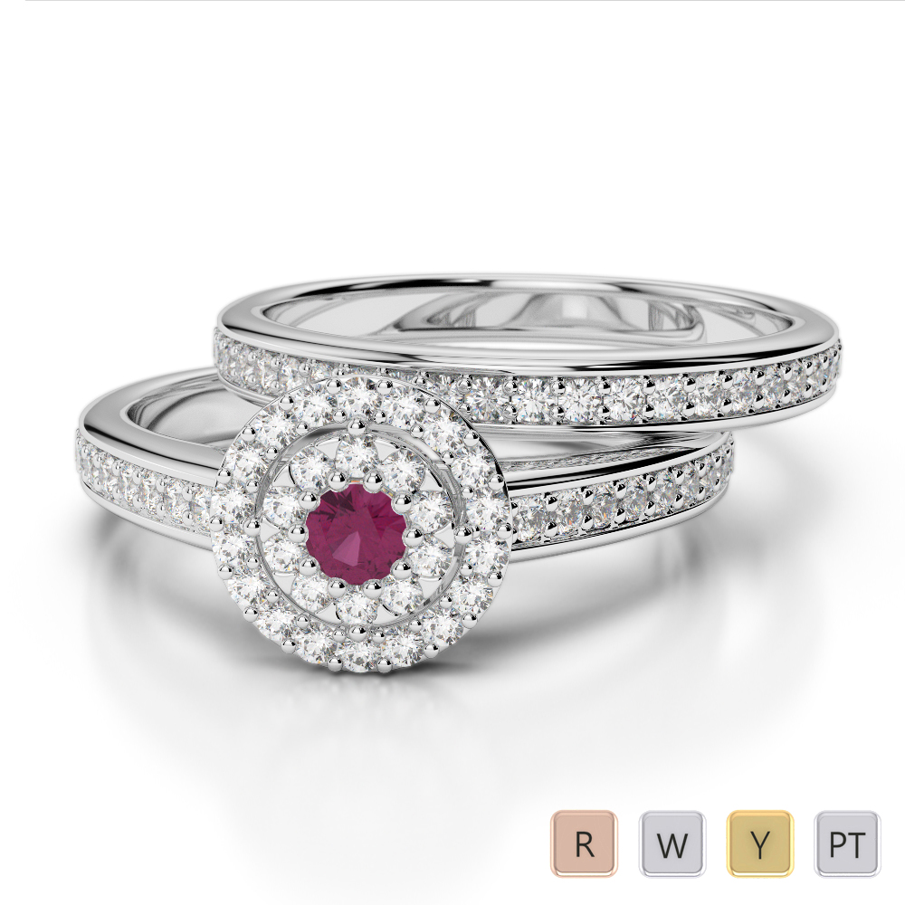 Gold / Platinum Round cut Ruby and Diamond Bridal Set Ring AGDR-1239
