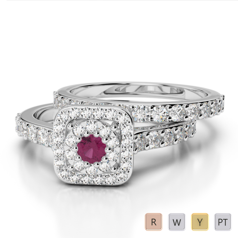 Gold / Platinum Round cut Ruby and Diamond Bridal Set Ring AGDR-1246