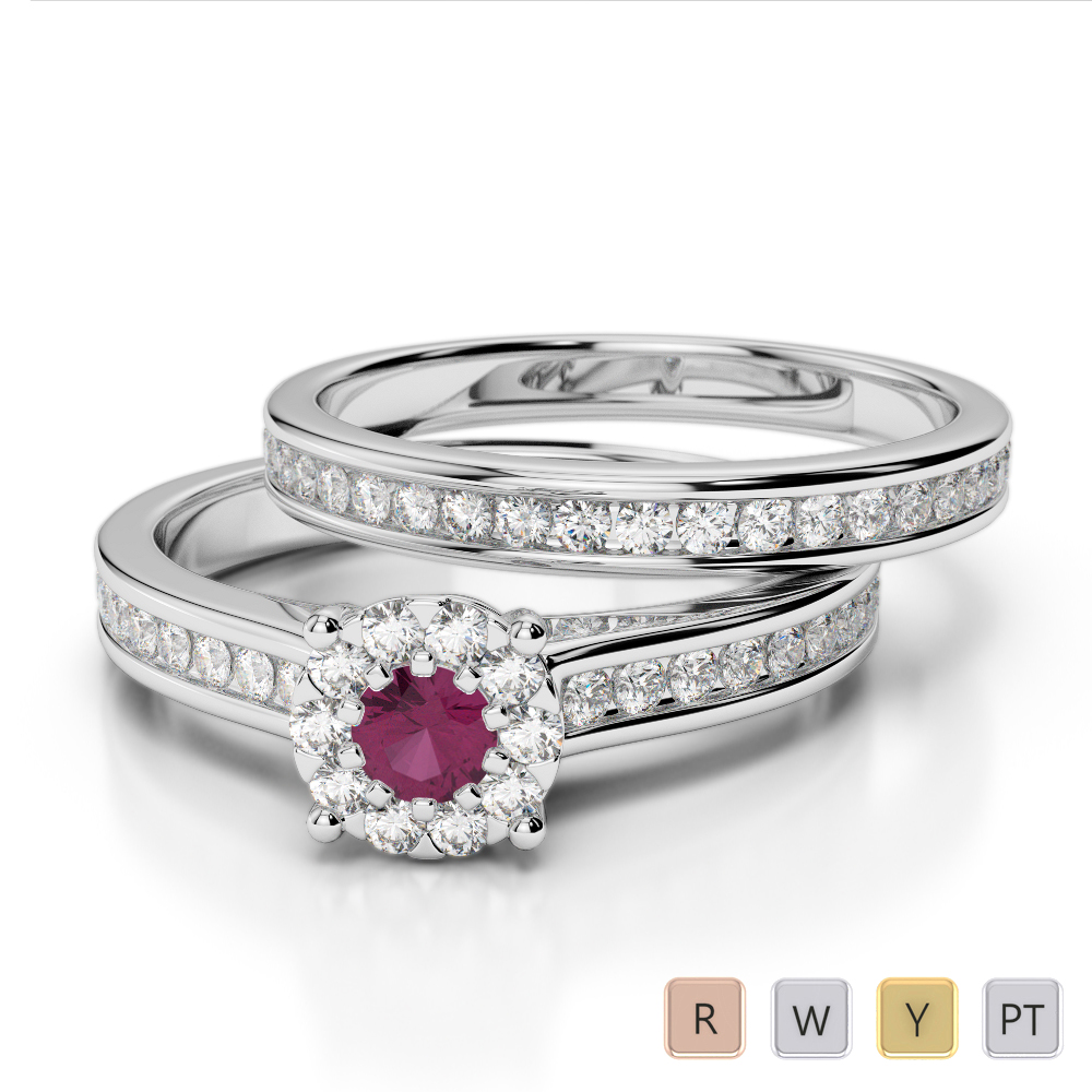 Gold / Platinum Round cut Ruby and Diamond Bridal Set Ring AGDR-1339