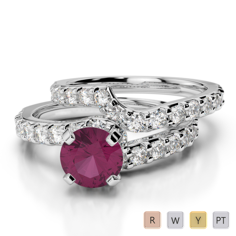 Gold / Platinum Round cut Ruby and Diamond Bridal Set Ring AGDR-2003