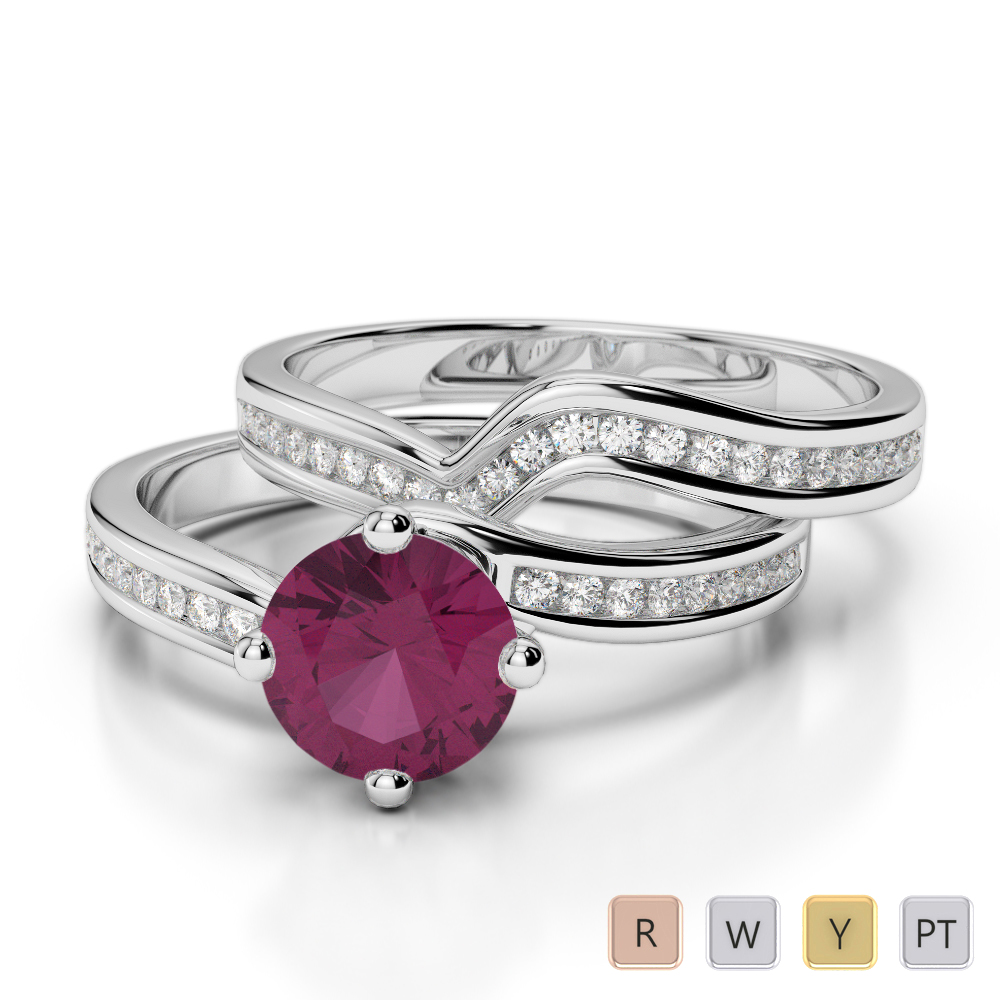 Gold / Platinum Round cut Ruby and Diamond Bridal Set Ring AGDR-2005