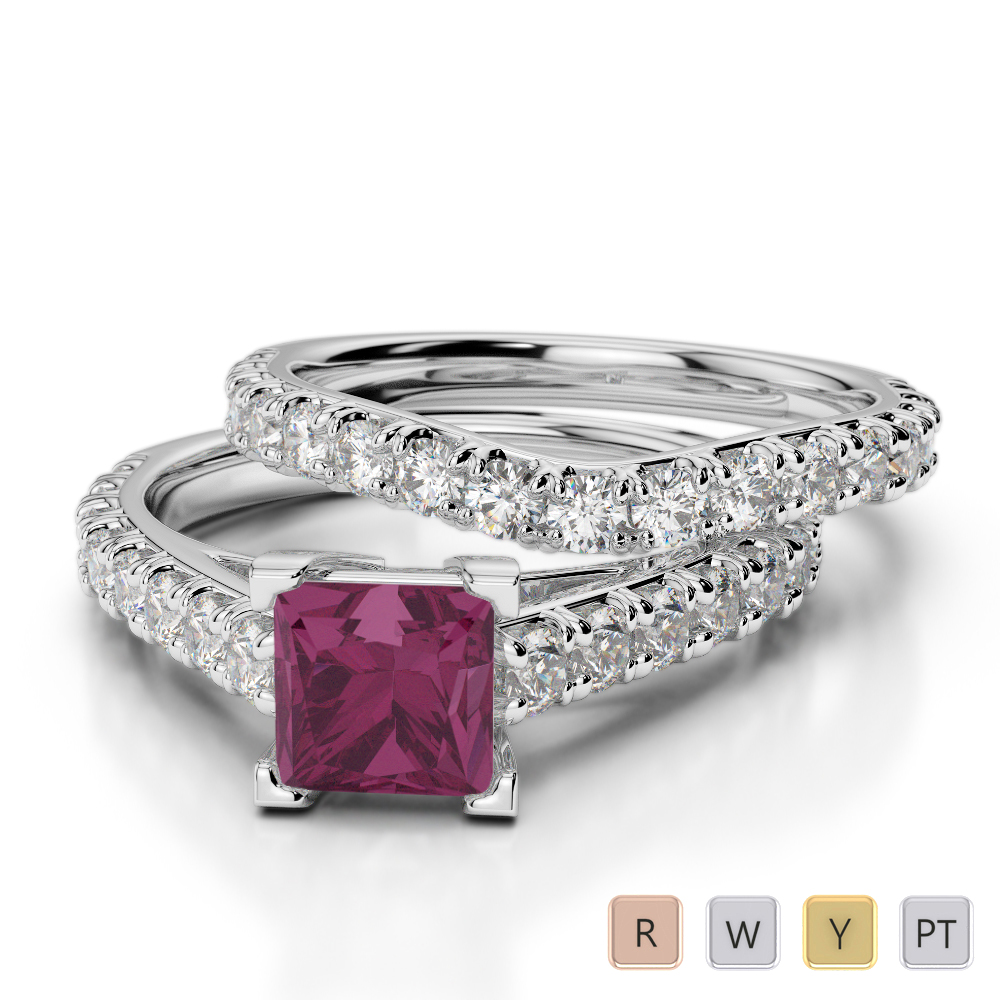 Gold / Platinum Round and Princess Cut Ruby and Diamond Bridal Set Ring AGDR-2007