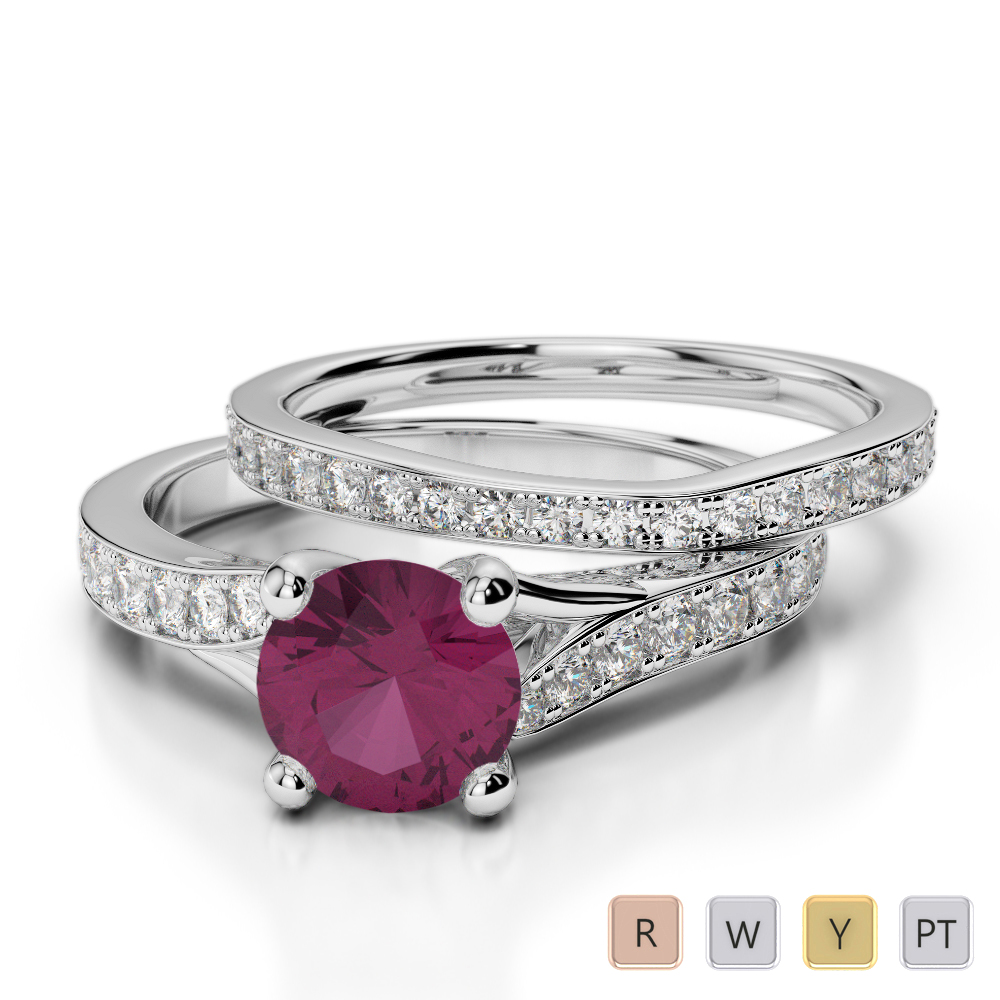 Gold / Platinum Round cut Ruby and Diamond Bridal Set Ring AGDR-2011