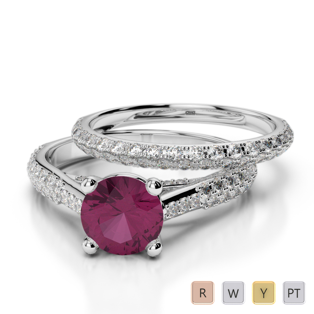 Gold / Platinum Round cut Ruby and Diamond Bridal Set Ring AGDR-2013
