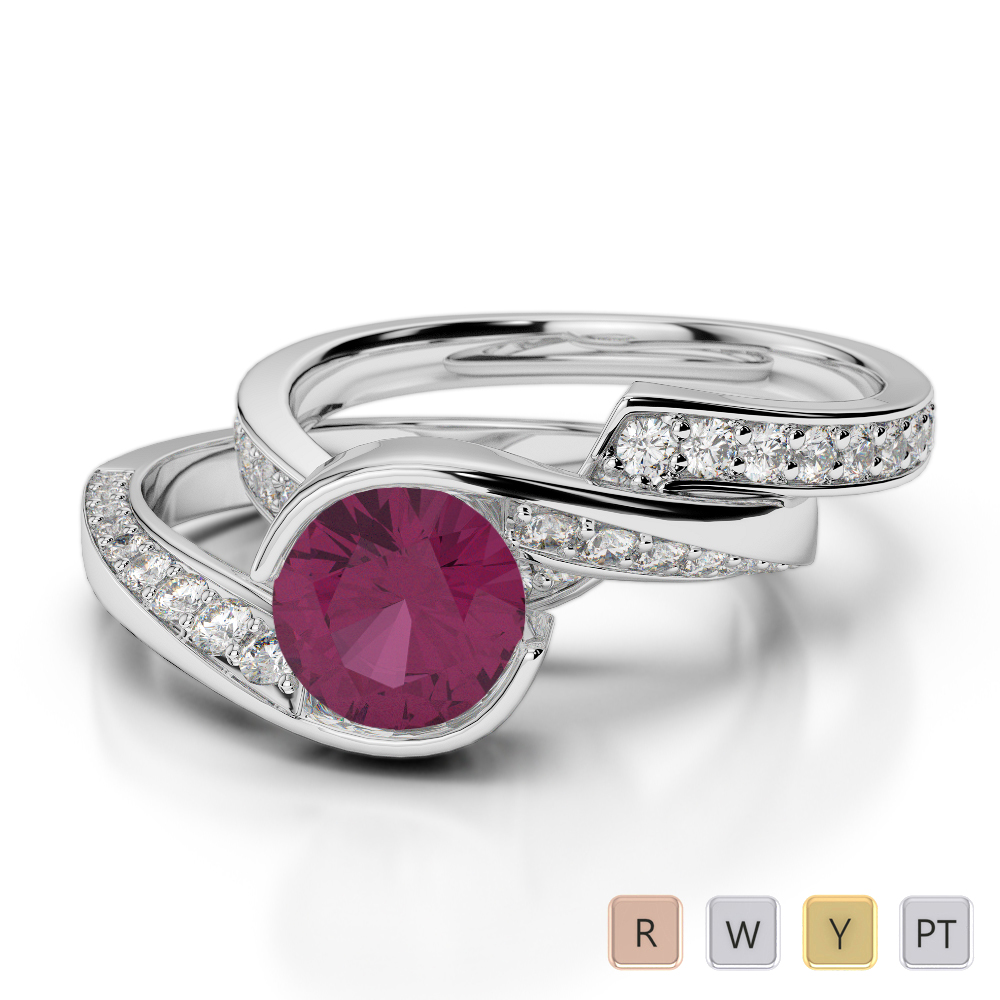Gold / Platinum Round cut Ruby and Diamond Bridal Set Ring AGDR-2019