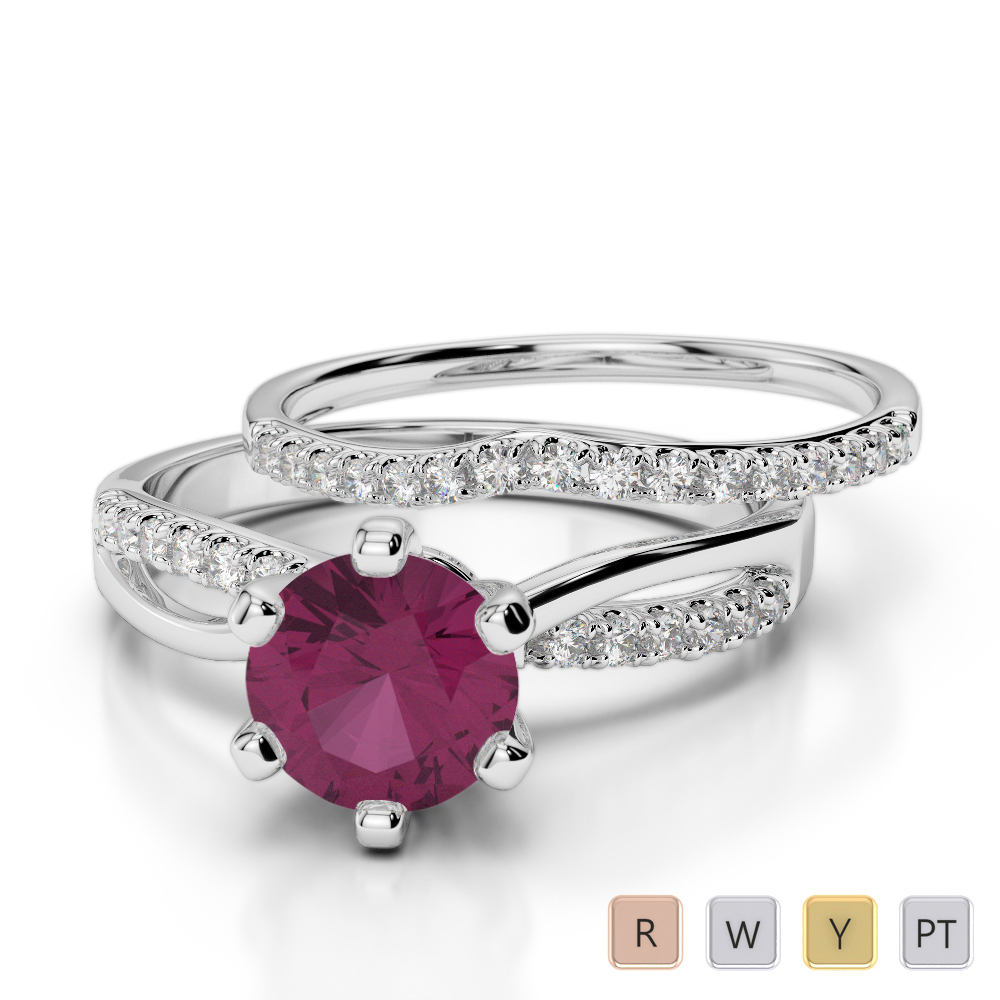 Gold / Platinum Round cut Ruby and Diamond Bridal Set Ring AGDR-2021