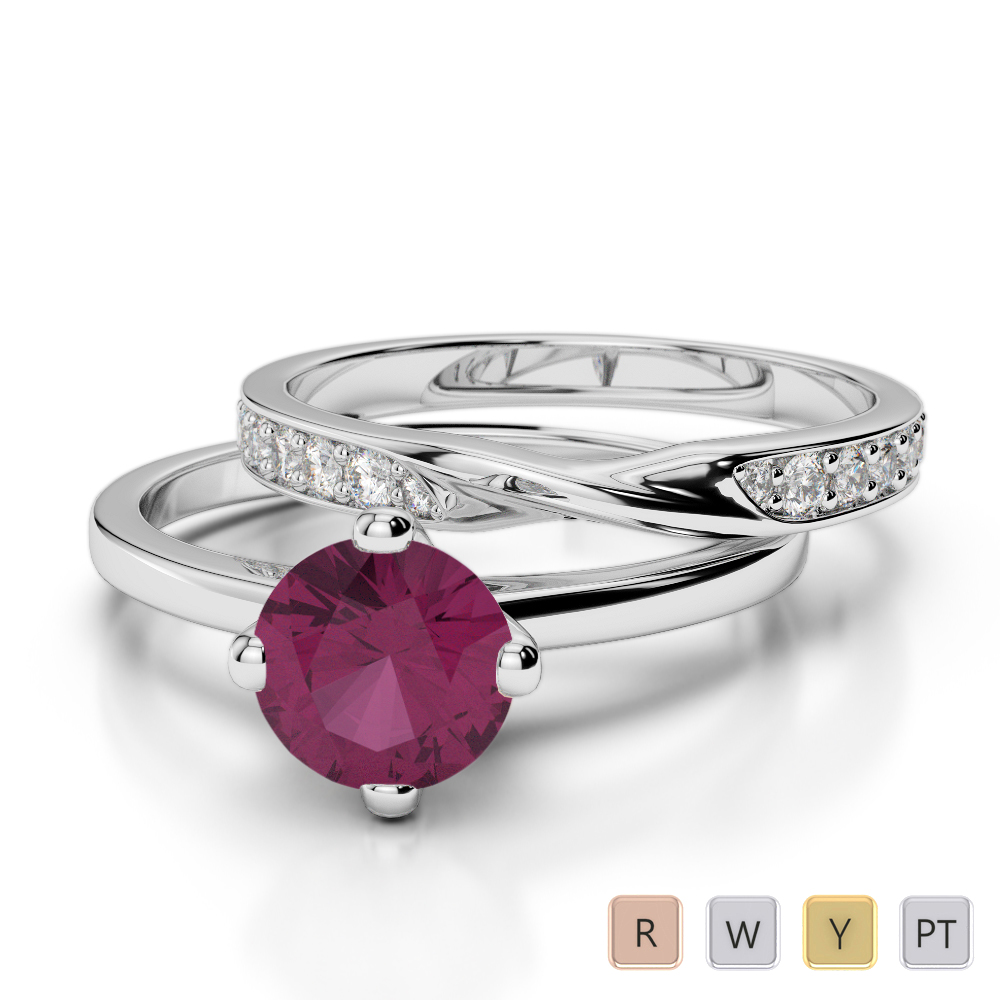 Gold / Platinum Round cut Ruby and Diamond Bridal Set Ring AGDR-2027