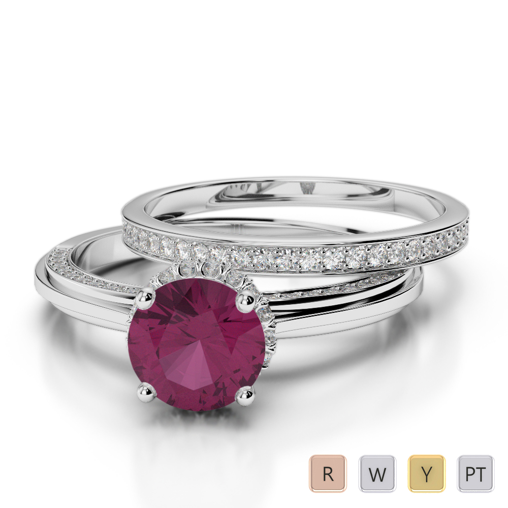 Gold / Platinum Round cut Ruby and Diamond Bridal Set Ring AGDR-2033
