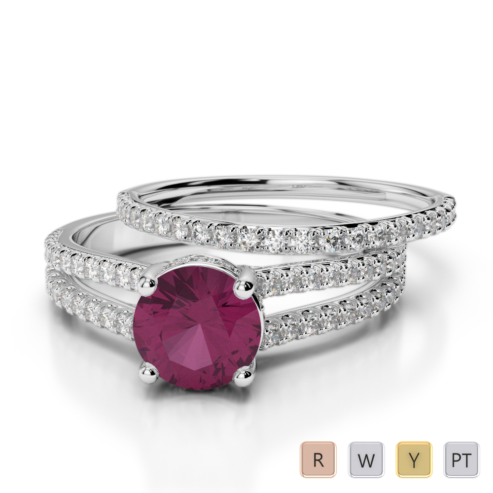 Gold / Platinum Round cut Ruby and Diamond Bridal Set Ring AGDR-2035