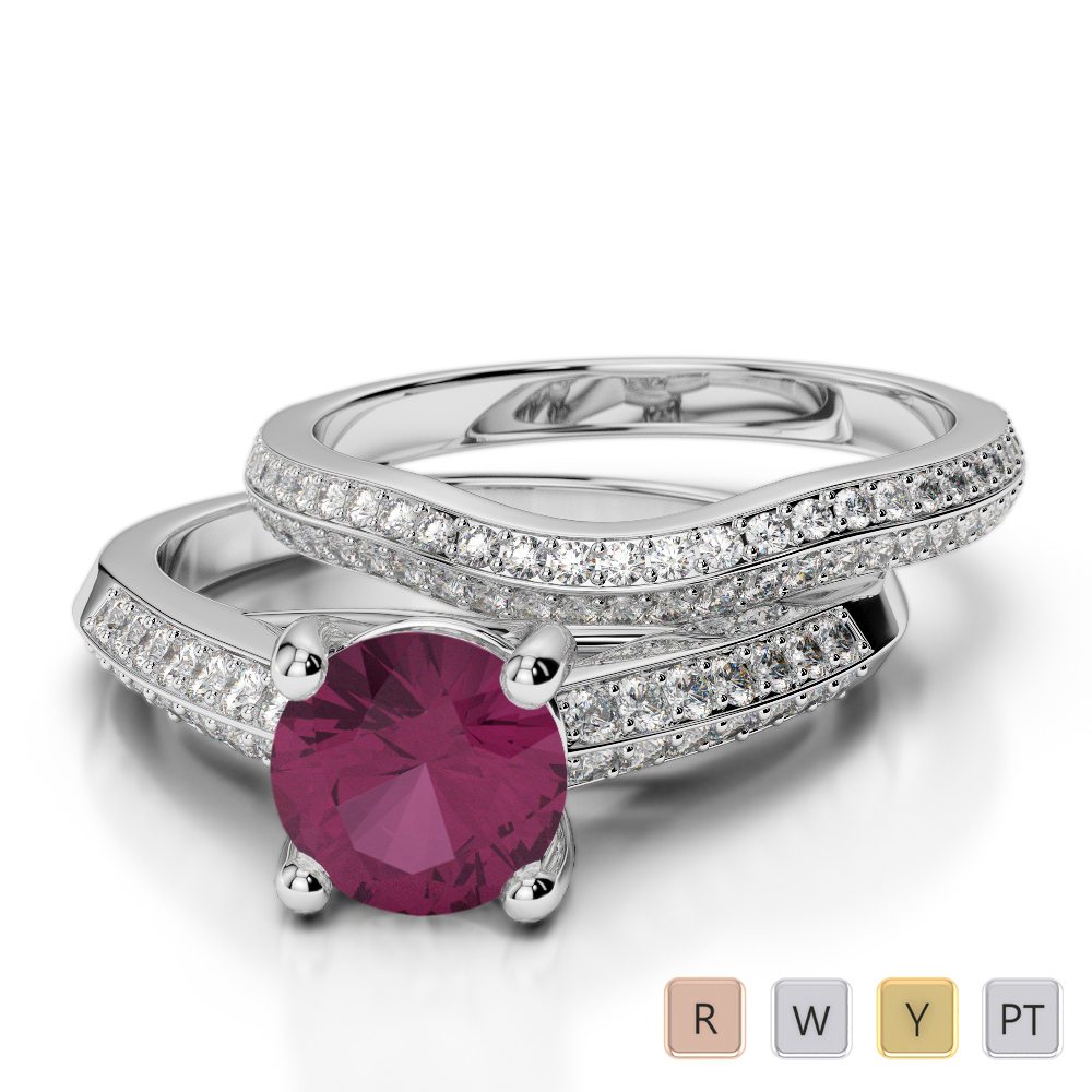 Gold / Platinum Round cut Ruby and Diamond Bridal Set Ring AGDR-2043