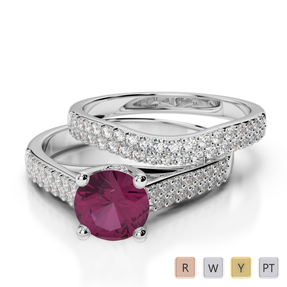 Gold / Platinum Round cut Ruby and Diamond Bridal Set Ring AGDR-2045