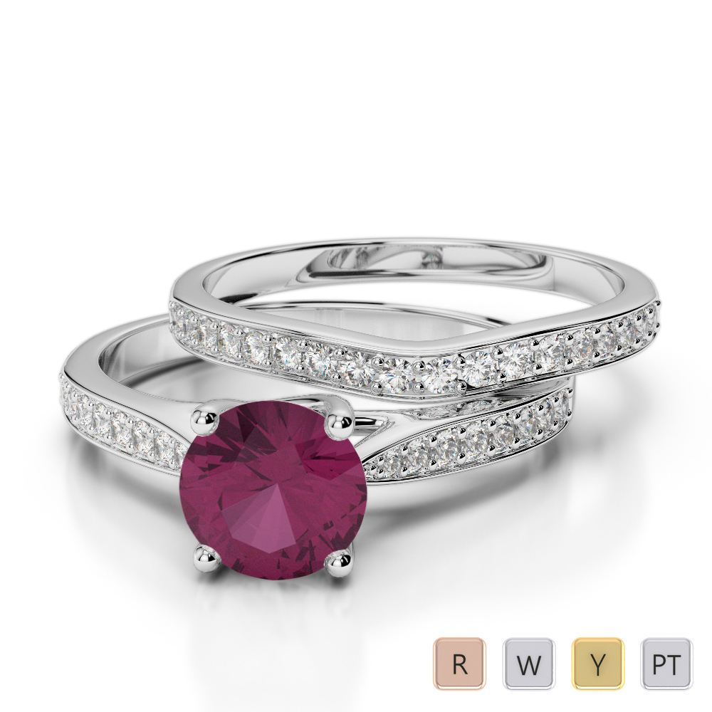 Gold / Platinum Round cut Ruby and Diamond Bridal Set Ring AGDR-2053