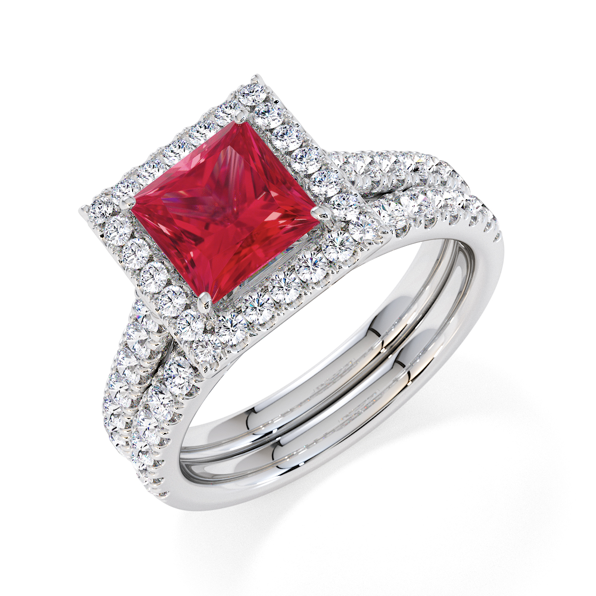 Princess Lab Ruby and Diamond Engagement Ring in Gold / Platinum