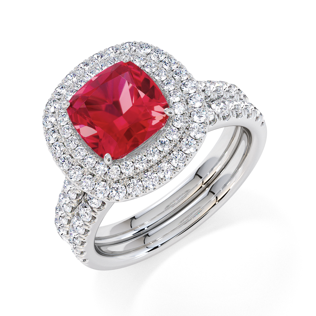 Cushion Lab Ruby and Diamond Engagement Ring in Gold / Platinum