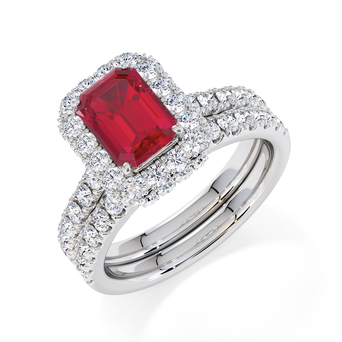 Emerald Lab Ruby and Diamond Engagement Ring in Gold / Platinum