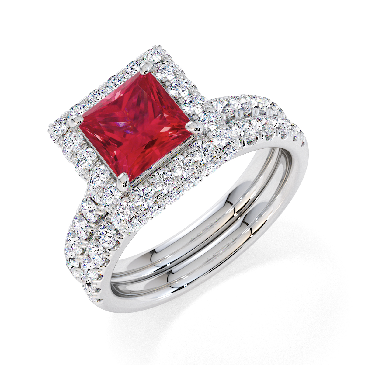 Princess Lab Ruby and Diamond Engagement Ring in Gold / Platinum