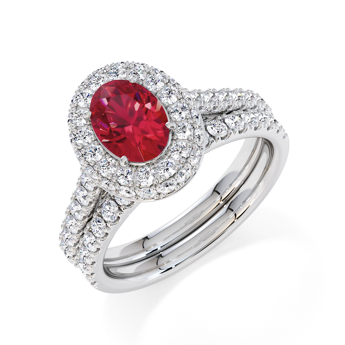 Oval Lab Ruby and Diamond Engagement Ring in Gold / Platinum
