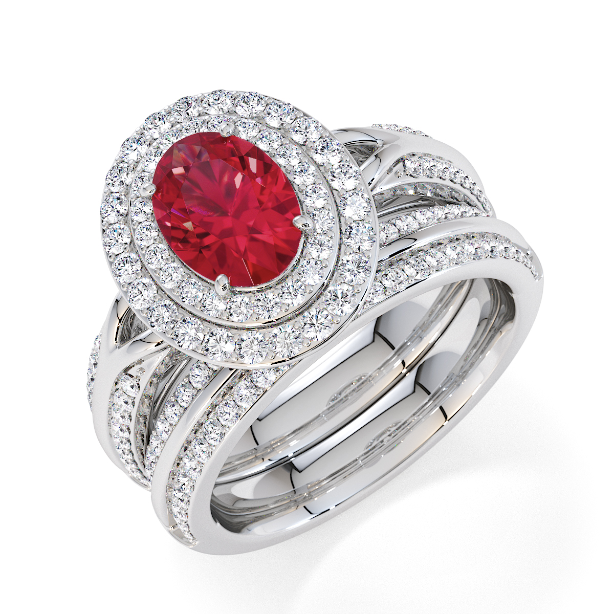 Oval Lab Ruby and Diamond Engagement Ring in Gold / Platinum