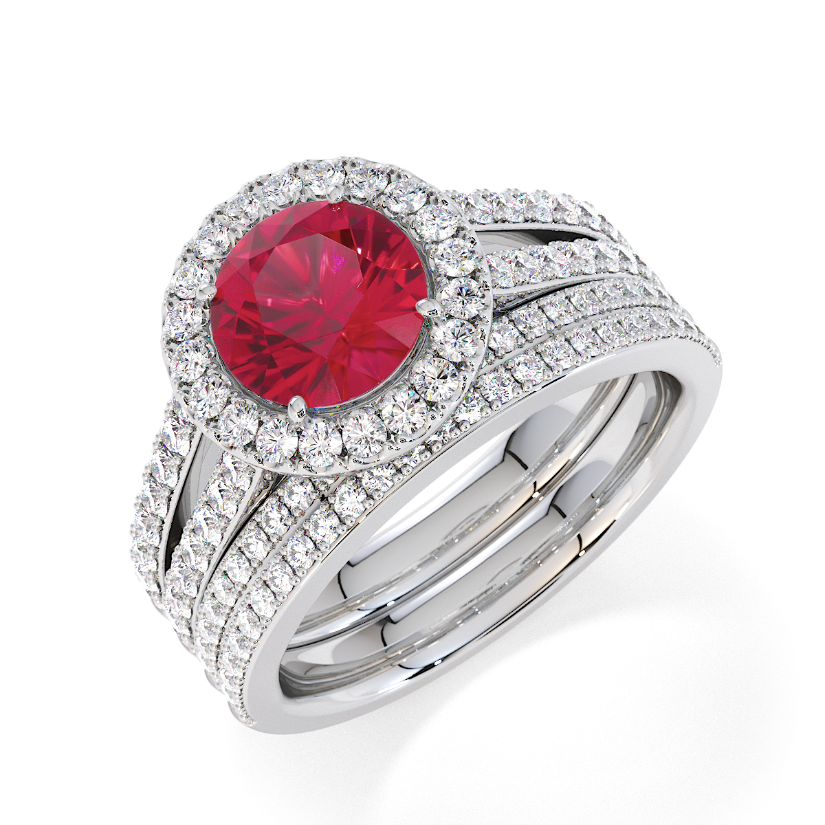 Round Lab Ruby and Diamond Engagement Ring in Gold / Platinum