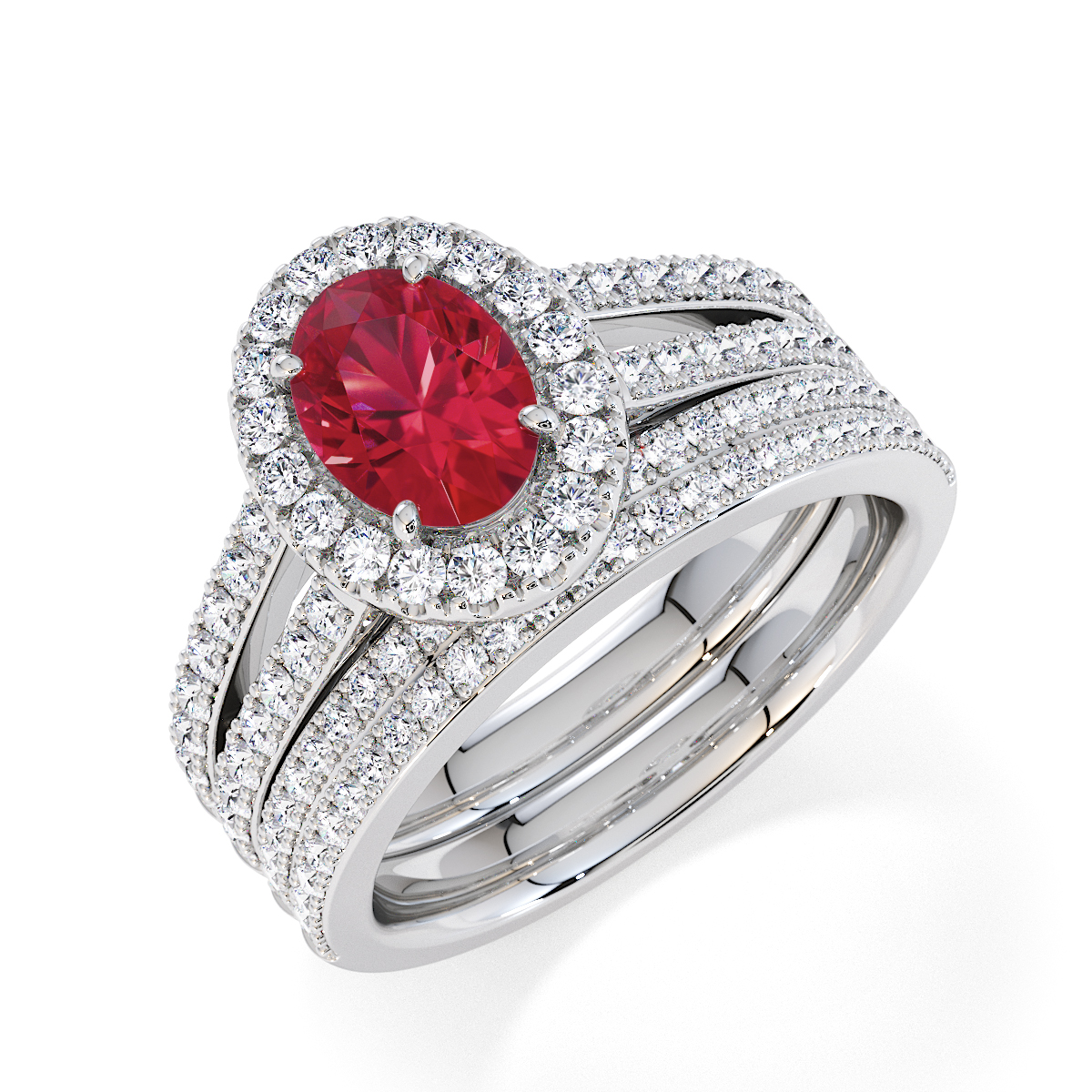 Oval Lab Ruby and Diamond Engagement Ring in Gold / Platinum