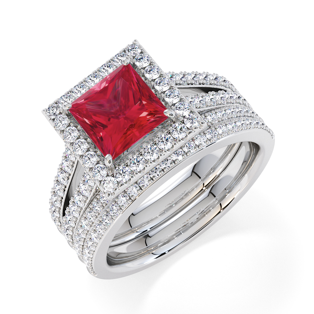 Princess Lab Ruby and Diamond Engagement Ring in Gold / Platinum
