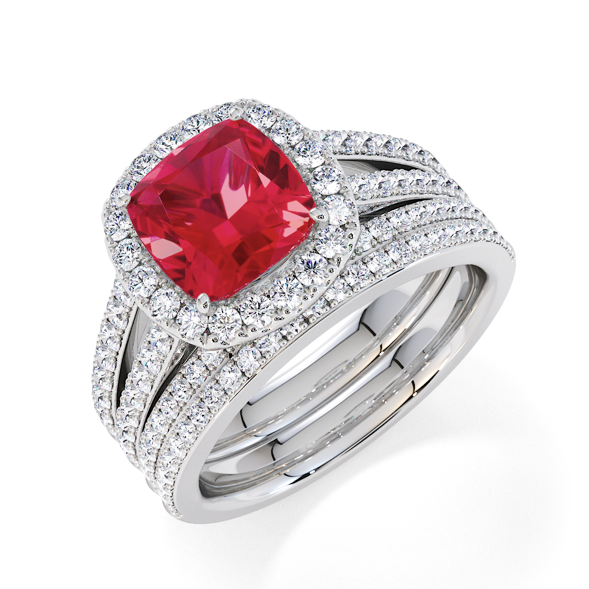 Cushion Lab Ruby and Diamond Engagement Ring in Gold / Platinum